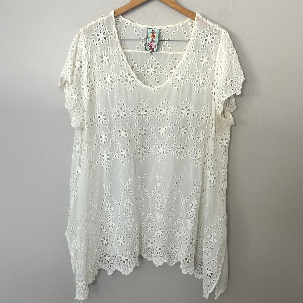 Johnny Was Tunic Women XXL White Eyelet Embroidered Sharkbite V Neck Boho
